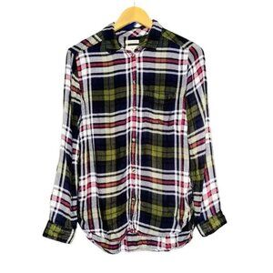 American Eagle Soft Plaid Boyfriend Fit Flannel Shirt Navy Blue M Fall Warm Cozy